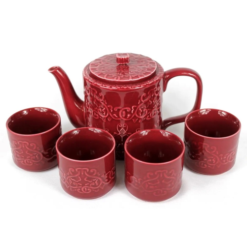Teavana Rohan Red tea set with 4 cups